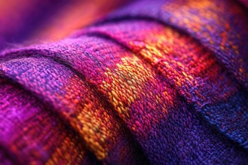 Aufkleber - Close-up of vibrant, multicolored knitted fabric with rich purple, orange, and red hues.