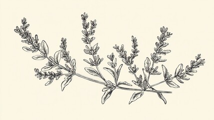 elegant line drawing of a lavender branch botanical drawn in black ink style on ivory paper with a v