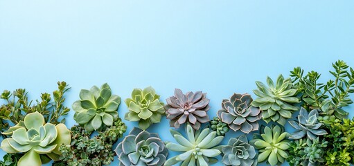 Aufkleber - Assorted succulents arranged on a light blue background.