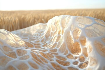 Fototapete - Abstract image of a textured, organic-looking substance resembling foam or a membrane, set against a blurred background of a golden wheat field.