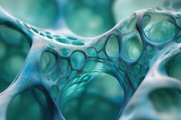 Poster - Abstract image depicting a complex, interconnected network resembling a porous, teal-colored structure.