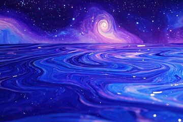 Aufkleber - Abstract cosmic swirls of purple and blue paint resembling a starry night sky reflected on water.