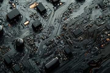 Leinwandbilder - Close-up of a dark, textured circuit board with various electronic components.