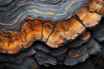 Poster - Striking layered rock formation showcasing vibrant orange and dark grey hues, exhibiting intricate patterns and textures.
