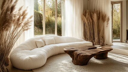 Aufkleber - Sunlit living room with curved sofa, wooden coffee table, pampas grass decor, and large windows.