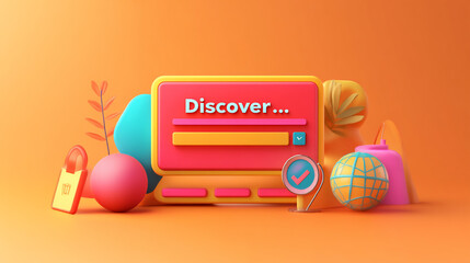 Poster - 3D rendered vibrant online search bar with colorful abstract shapes, promoting discovery and exploration.