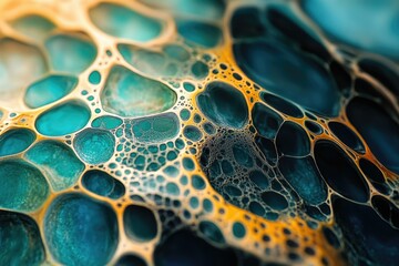 Poster - Abstract close-up of teal and gold fluid art resembling a complex network of interconnected bubbles.