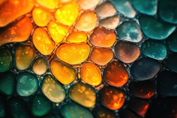 Poster - Abstract image of vibrant, multicolored, round shapes resembling a mosaic or honeycomb pattern.