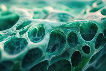 Poster - Abstract close-up of a teal, porous, organic-looking structure resembling a cellular network.