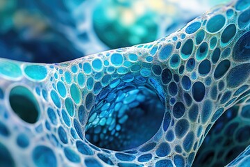 Poster - Abstract image of a porous, organic-like structure with interconnected, bubble-like cavities in shades of blue.