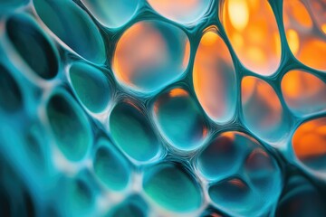 Poster - Abstract close-up of vibrant teal and orange interconnected cellular structures, resembling organic textures.