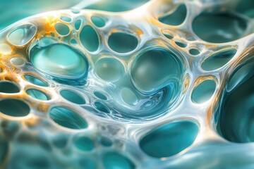 Poster - Abstract image of a turquoise and gold organic structure with interconnected cavities resembling a complex network.