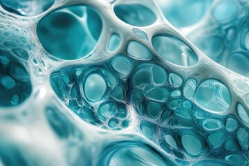 Poster - Abstract teal, organic, network structure; intricate, interconnected, porous, bio-like forms.