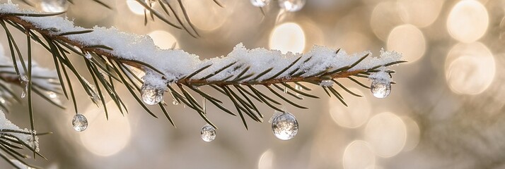 Poster - Snow-covered pine branch with water droplets, bokeh background.