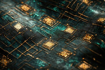 Poster - Abstract image of a circuit board with gold and teal accents, resembling a futuristic technology.