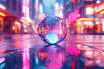 Aufkleber - A crystal ball reflects a vibrant, neon-lit cityscape at night, showcasing urban beauty.