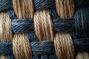 Aufkleber - Close-up of woven fabric showing intricate texture of beige and blue yarn threads.