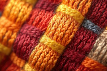 Poster - Close-up of richly colored, textured knitted fabric with interwoven threads in autumnal hues.