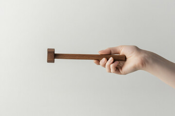 Poster - Close-up of a hand holding a small, wooden mallet.