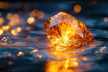 Aufkleber - A radiant, amber gemstone rests on a dark, shimmering surface, illuminated by warm light.