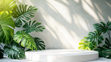 Aufkleber - White round podium with monstera leaves and sunlight shadows on a light grey wall.