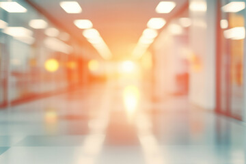 Poster - Blurred interior hallway with bright lights and warm tones.