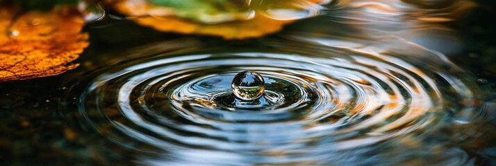Aufkleber - Water drop falling into a puddle, creating concentric circles on the surface, surrounded by autumn leaves.