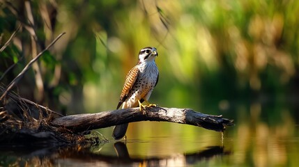 Aufkleber - Kestrel perched on branch over water, holding prey.