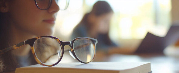 Aufkleber - Eyeglasses rest on a book, a student in the background.