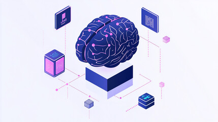 Poster - Isometric illustration of a human brain connected to data cubes and digital interfaces, representing artificial intelligence or neural networks.
