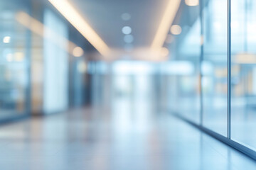 Poster - Abstract blurred image of a modern office hallway with glass walls and bright lighting.