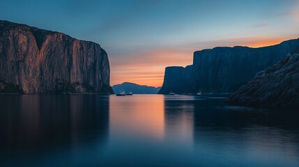 Aufkleber - Serene sunset over calm fjord with majestic cliffs and distant ships.