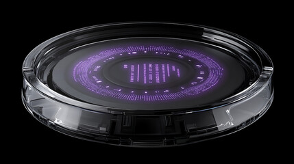 Poster - Futuristic circular device with purple illuminated data display inside a transparent casing.