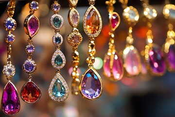 Aufkleber - Close-up of colorful gemstone earrings hanging in a jewelry store, showcasing various cuts and settings.
