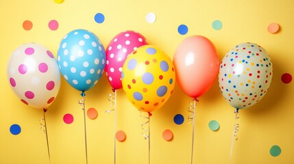 Poster - Colorful polka dot balloons on yellow background with confetti.