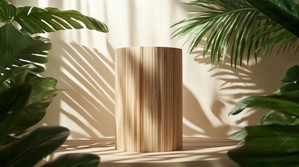 Aufkleber - Wooden cylindrical display stand surrounded by tropical plants, sunlight casts shadows.