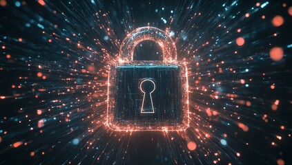 Poster - Glowing digital padlock surrounded by particles, symbolizing cybersecurity and data protection.