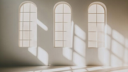 Aufkleber - Sunlight streams through three arched windows in a minimalist white room.