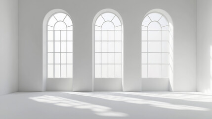 Aufkleber - Three arched windows in a bright white room casting shadows on the floor.