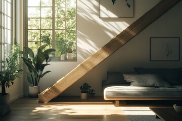Poster - Sunlit modern living room interior with wooden staircase, sofa, plants, and large window.