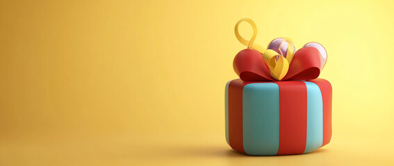 Poster - A teal and red gift box with a yellow ribbon sits on a yellow background.