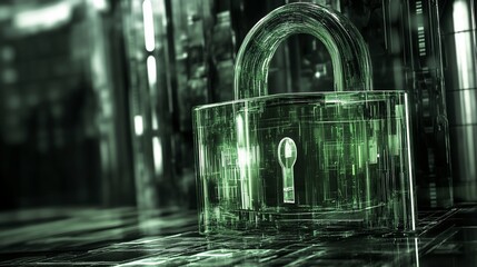 Poster - Futuristic green glass padlock on digital background, symbolizing cybersecurity and data protection.