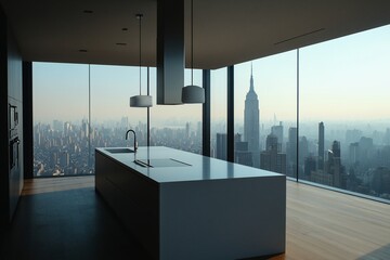 Poster - Modern kitchen with city view.