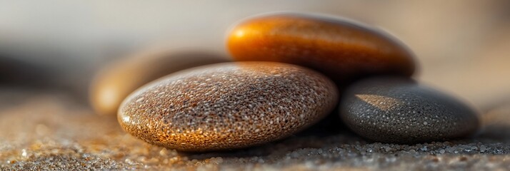 Poster - Close-up of three smooth, wet stones on sand.