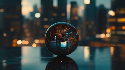 Aufkleber - Glass globe reflecting a cityscape at night.