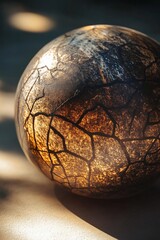 Poster - Close-up of a dark amber sphere with a cracked, textured surface, illuminated by sunlight.