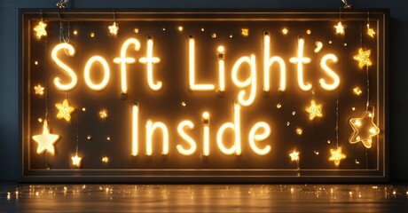 Fototapete - Neon sign displays Soft Lights Inside. Stars surround text. Warm glow illuminates dark background, creating cozy ambiance.