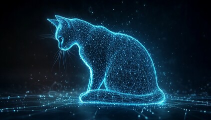 Aufkleber - Glowing digital cat, wireframe, sitting, dark background, futuristic, abstract.