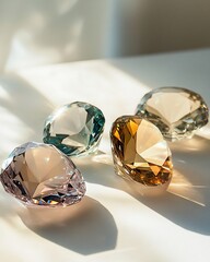 Poster - Four sparkling crystal diamonds in teal, amber, rose, and champagne hues, displayed on a white surface under soft sunlight.
