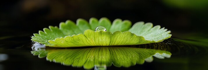 Aufkleber - Single water droplet on a green leaf floating on dark water, reflecting perfectly.